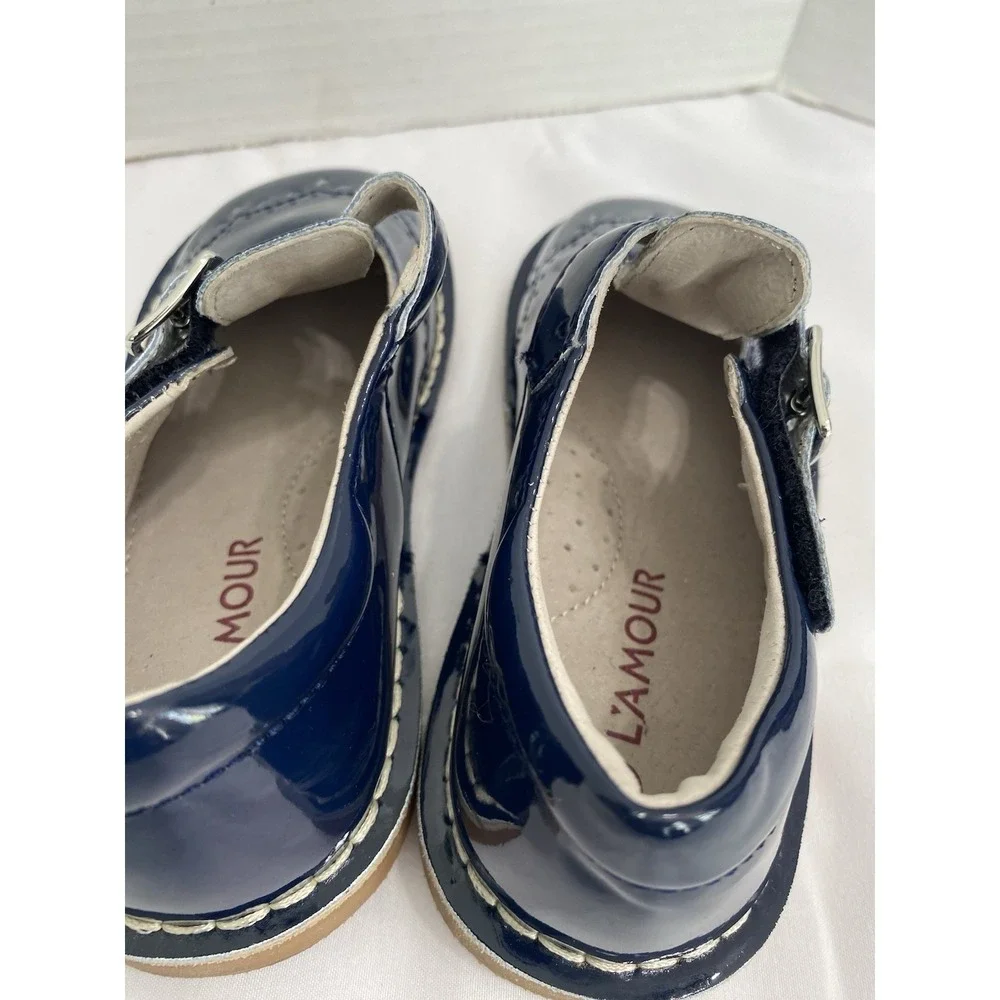 L'Amour Mary Jane Shoes Girls 11 Navy Blue Excellent T-Strap Brogue F-410